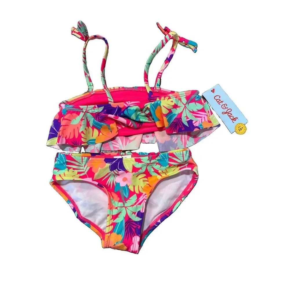 Cat & Jack Girls Tropical Floral Bikini Set NEW w/ TAGS Size XS(4/5) UPF 50+